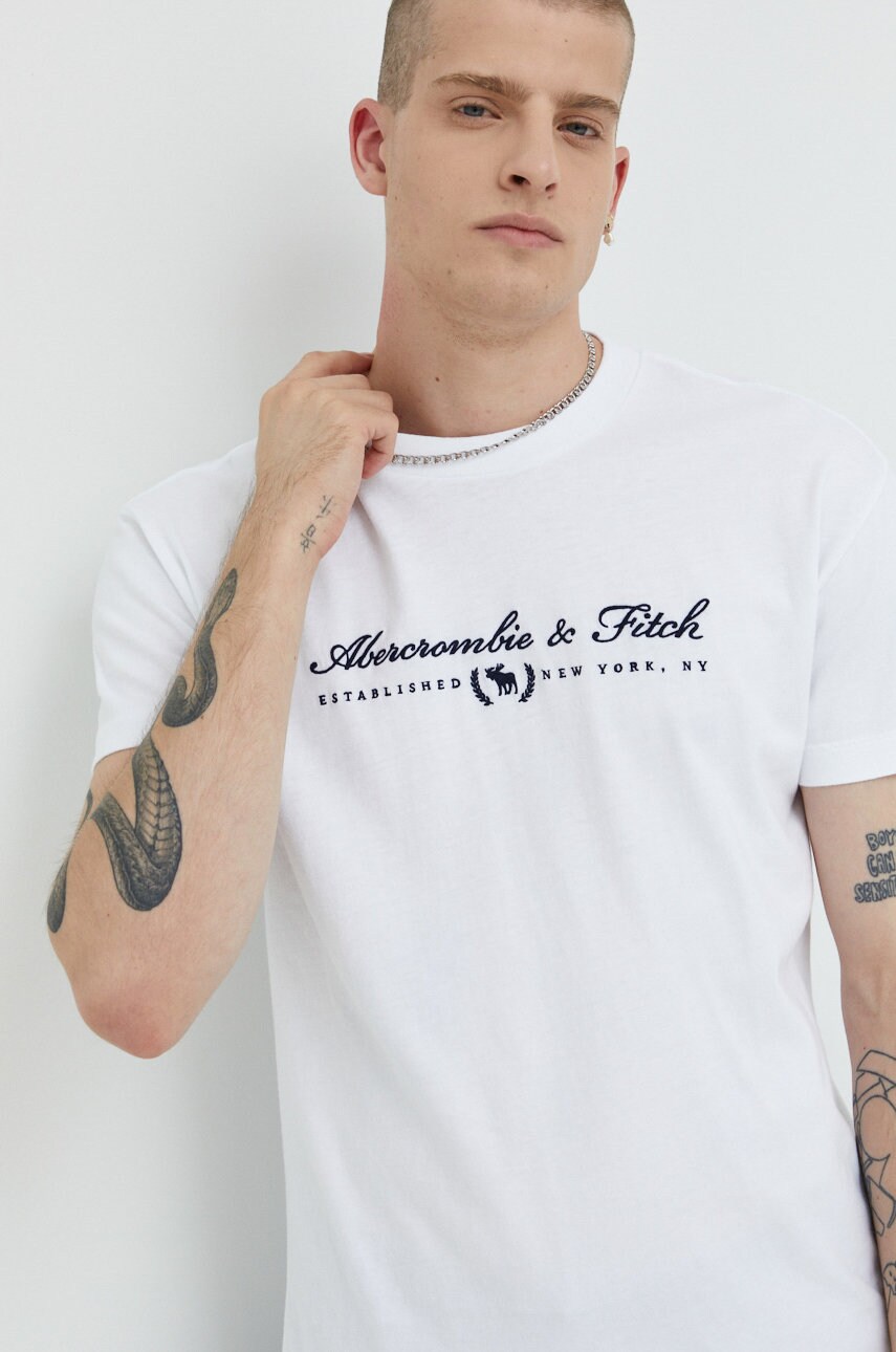 Abercrombie & fitch tricou din bumbac culoarea alb, cu imprimeu