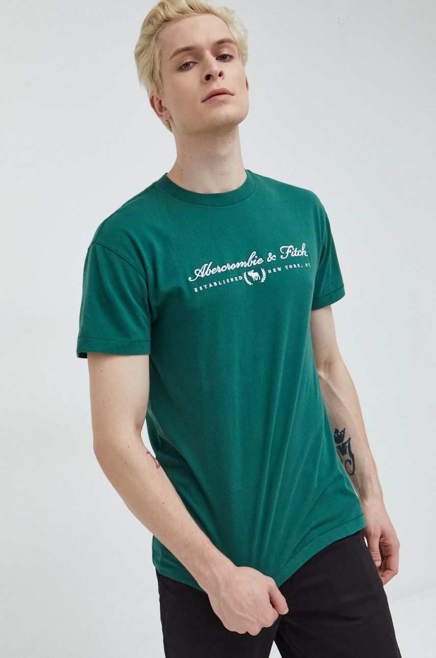 Abercrombie & Fitch t-shirt bawełniany kolor zielony z aplikacją