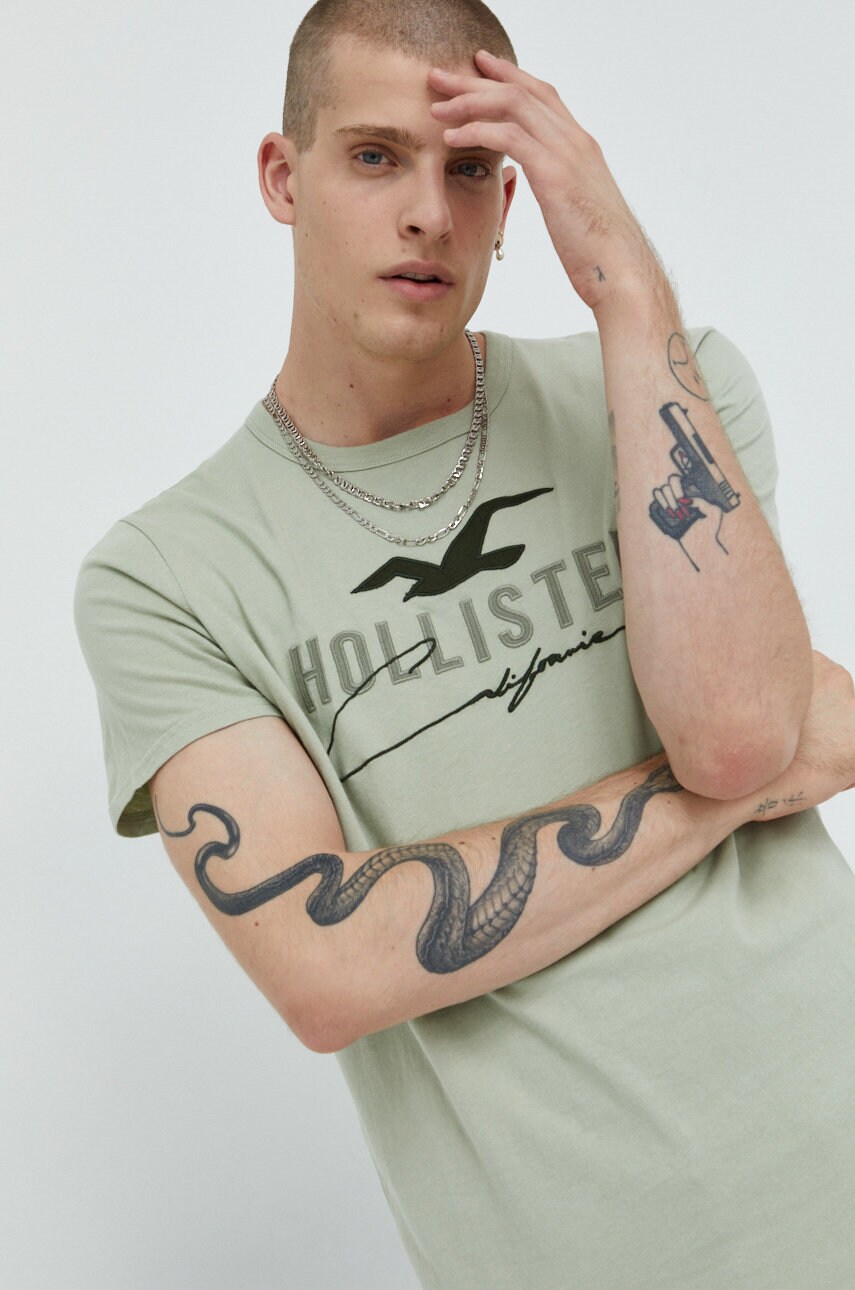Hollister co. tricou din bumbac culoarea verde, cu imprimeu