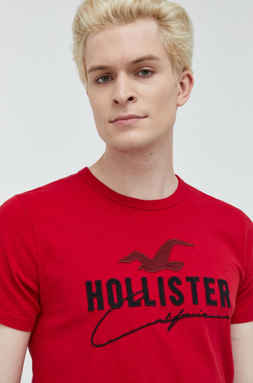 Bavlněné tričko Hollister Co. červená barva, s aplikací - červená -  100% Bavlna