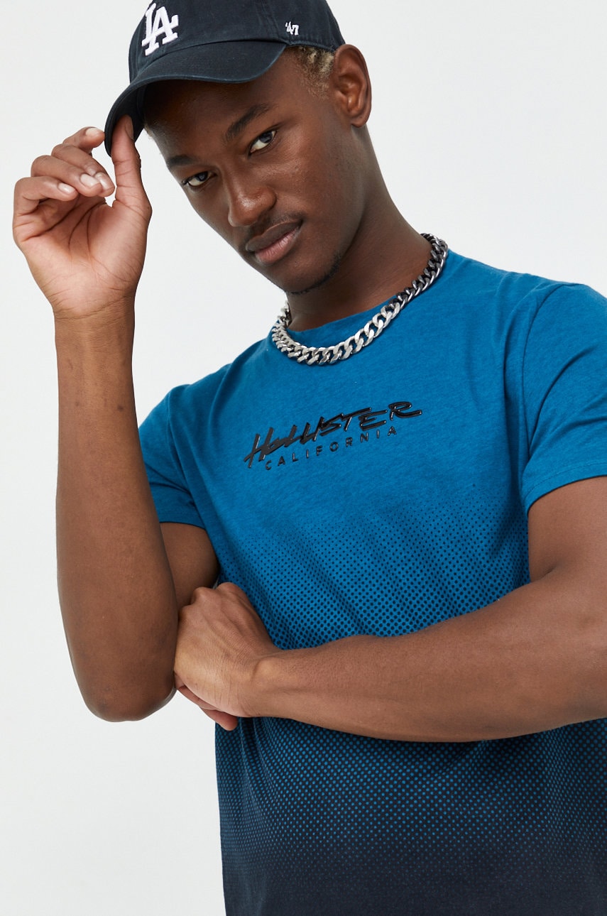 Hollister co. tricou din bumbac culoarea turcoaz, cu imprimeu