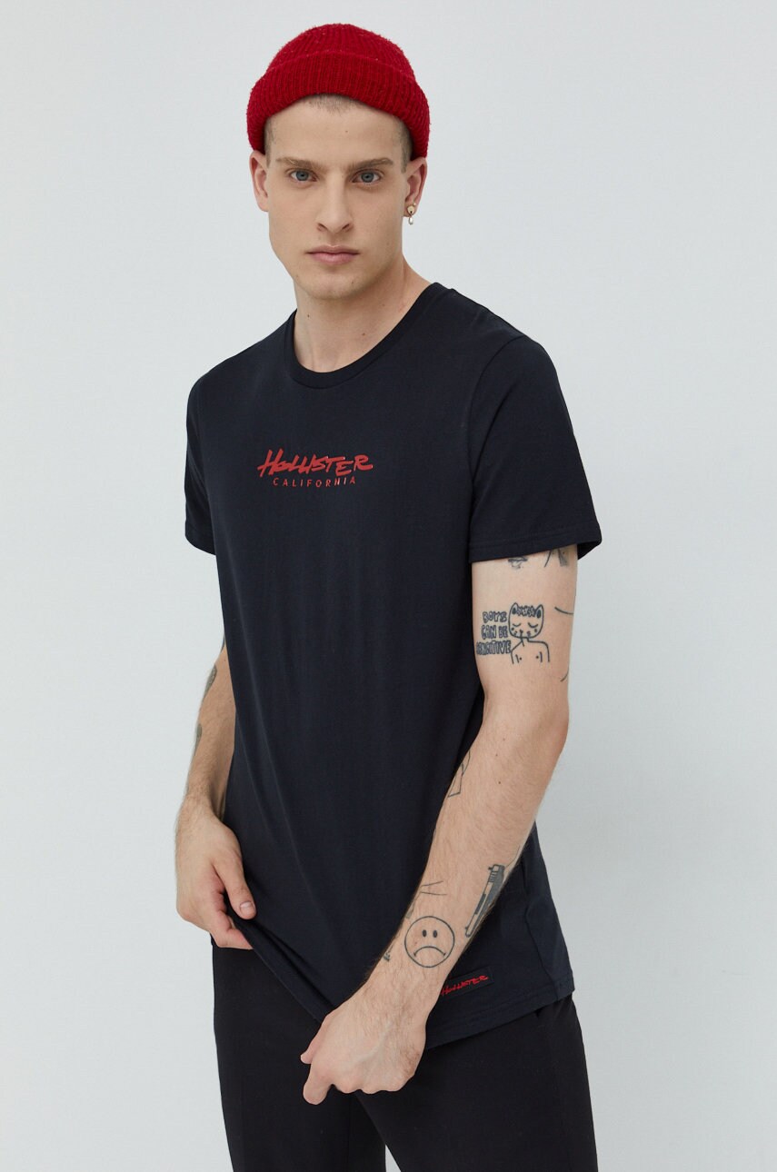 Hollister co. tricou din bumbac culoarea negru, cu imprimeu