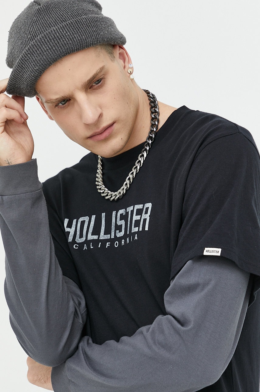 

Памучна блуза с дълги ръкави Hollister Co. в черно с принт, Черен