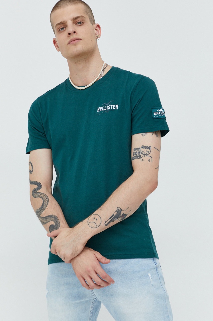 

Памучна тениска Hollister Co. в зелено с апликация, Зелен