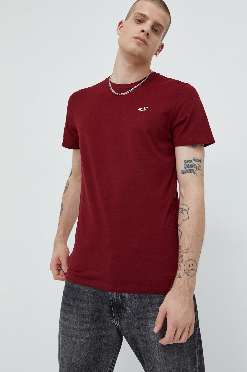 Hollister Co. tricou din bumbac culoarea bordo, neted