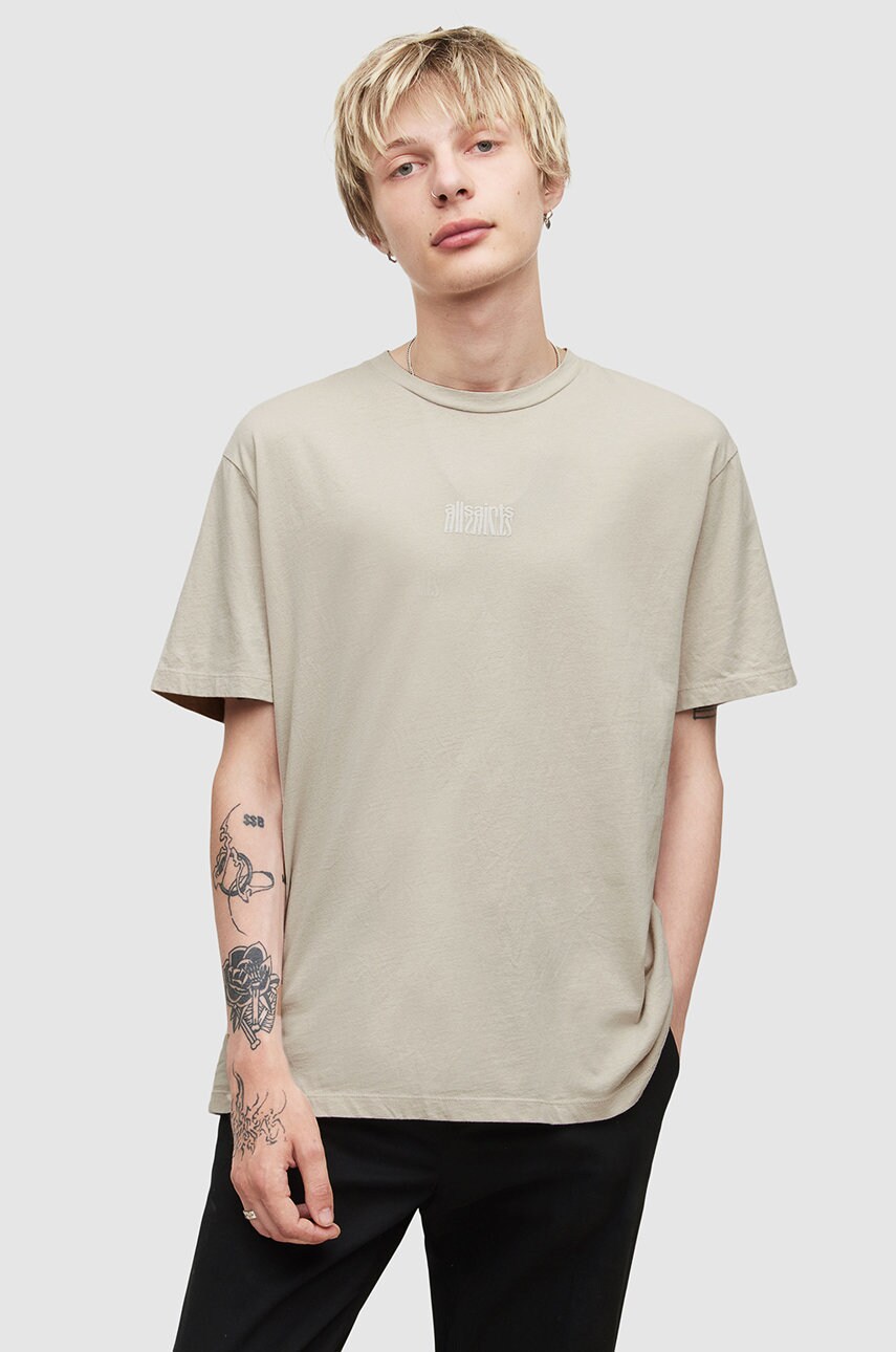 Allsaints tricou din bumbac culoarea gri, cu imprimeu