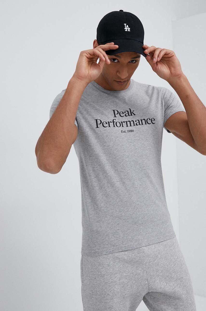 Peak Performance tricou din bumbac culoarea gri, cu imprimeu