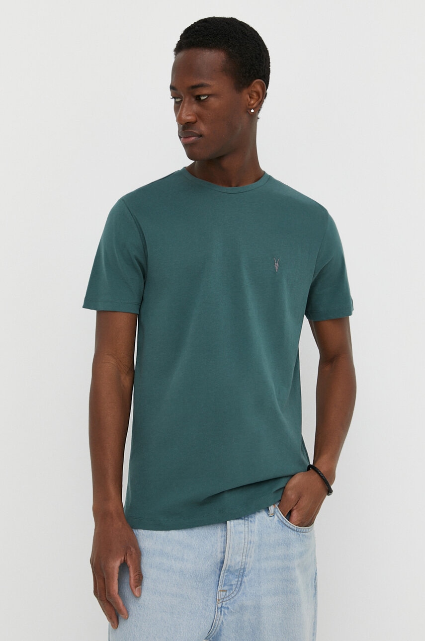 AllSaints tricou din bumbac culoarea verde, neted