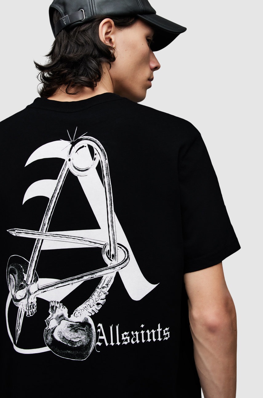 

Хлопковая футболка AllSaints цвет чёрный с принтом