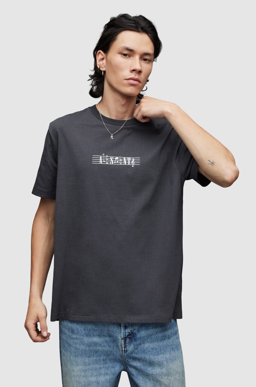 

Памучна тениска AllSaints в черно с принт, Черен