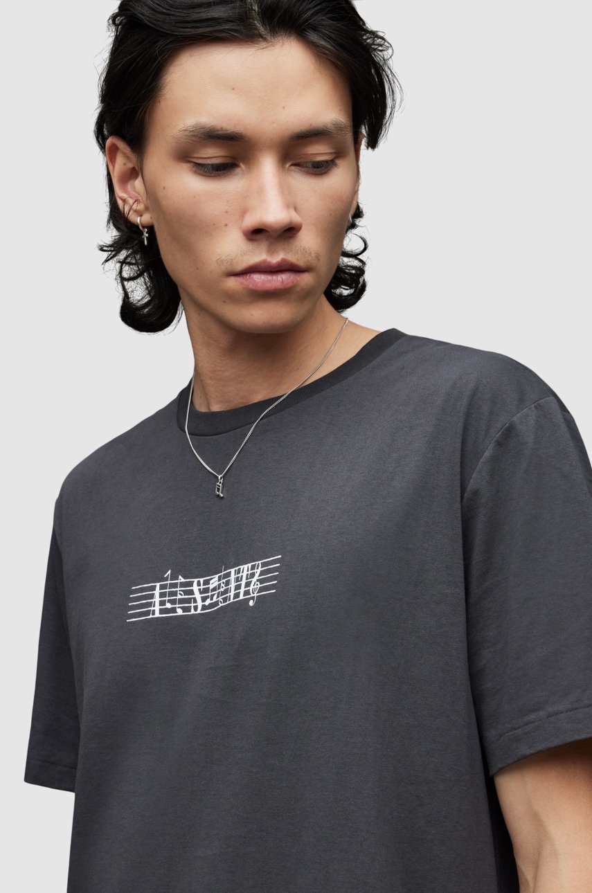 

Бавовняна футболка AllSaints колір чорний з принтом