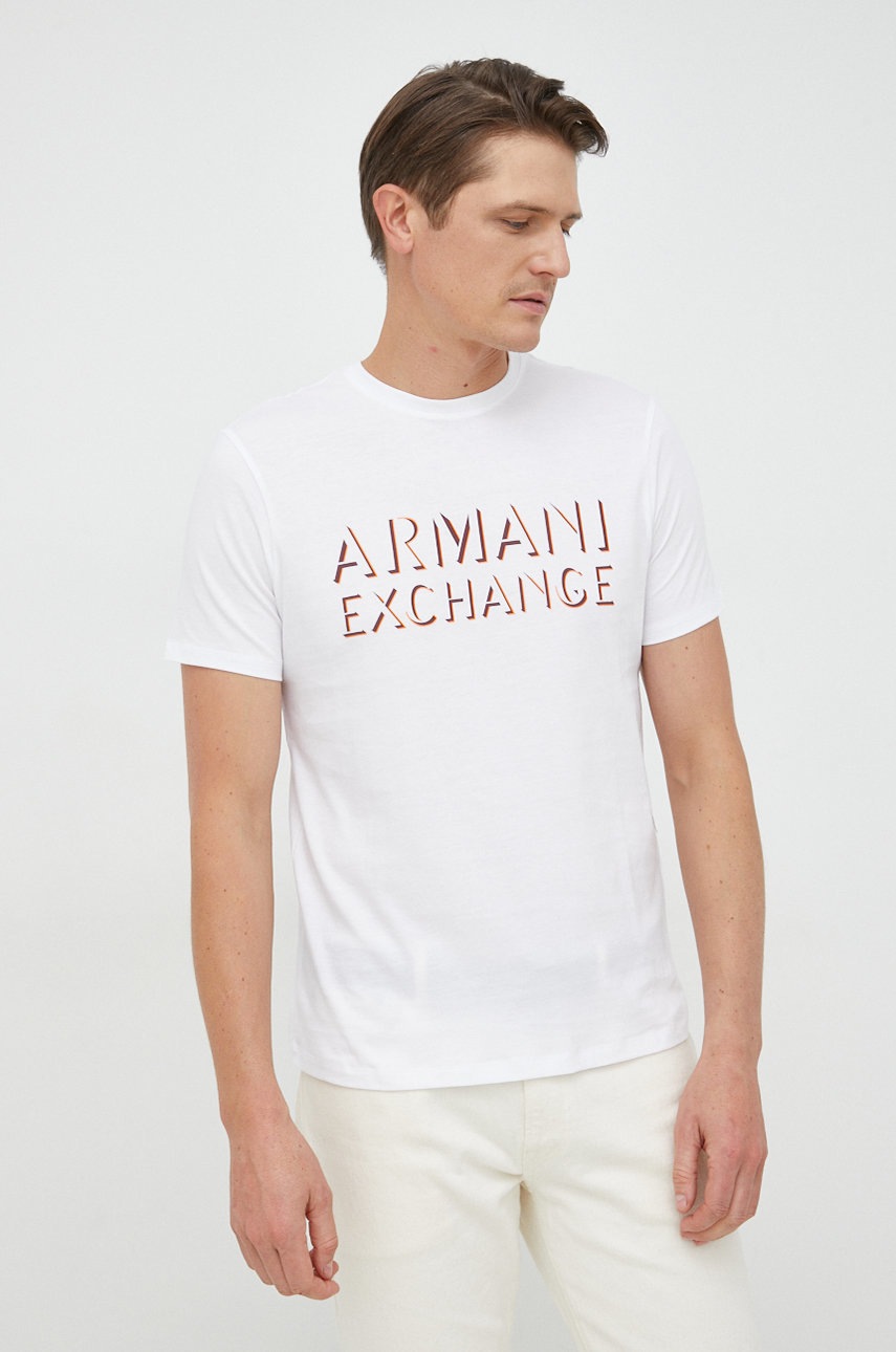 

Памучна тениска Armani Exchange в бяло с принт, Бял
