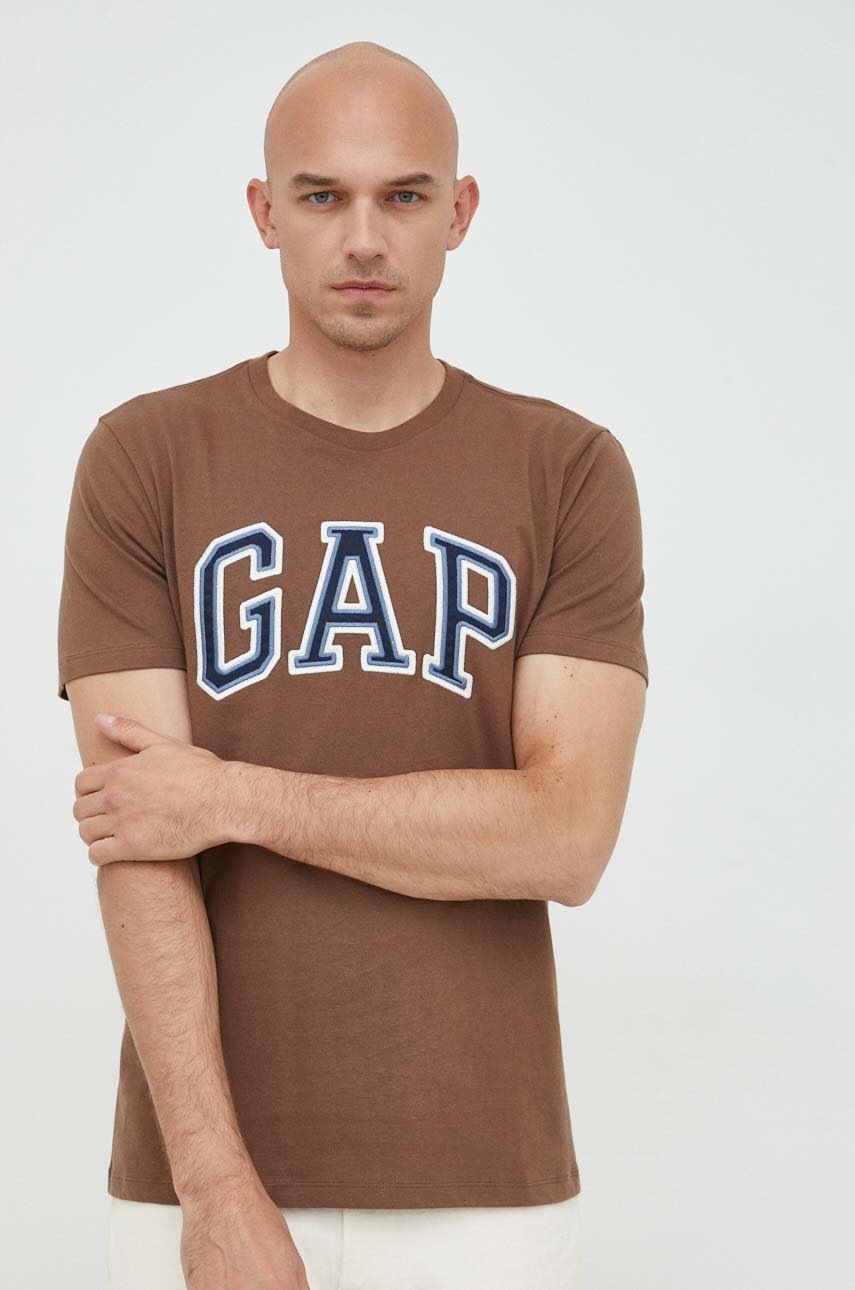 

Памучна тениска GAP в кафяво с апликация, Кафяв