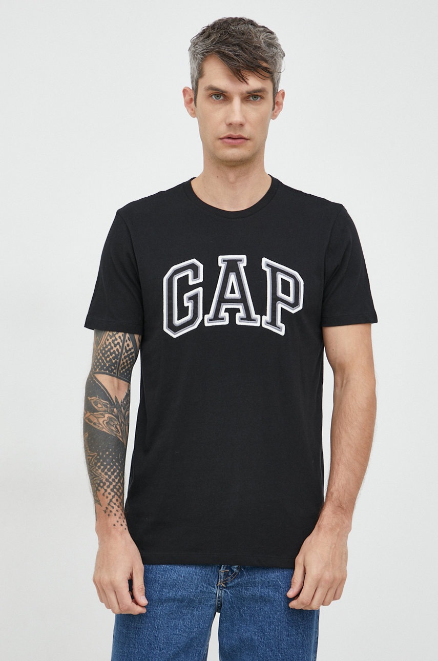 

Памучна тениска GAP в черно с апликация, Черен