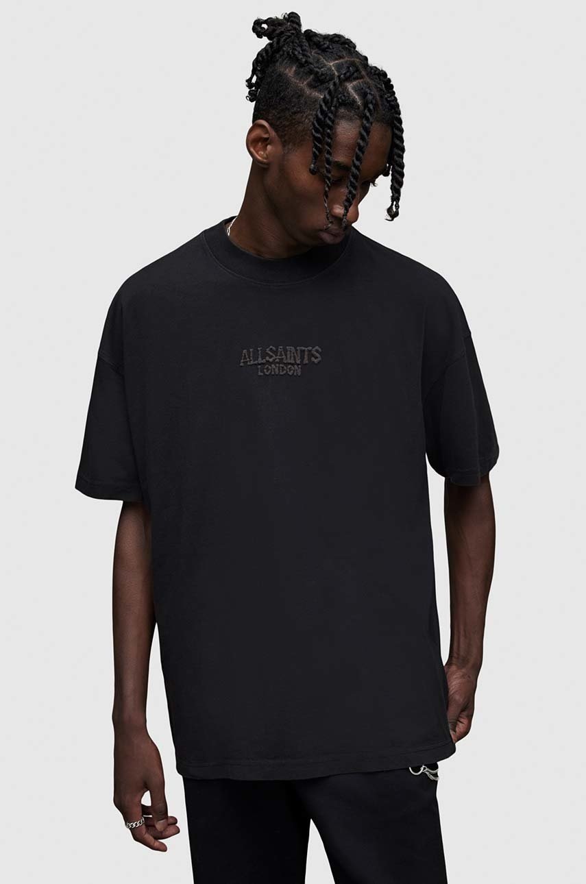 

Хлопковая футболка AllSaints цвет чёрный с аппликацией