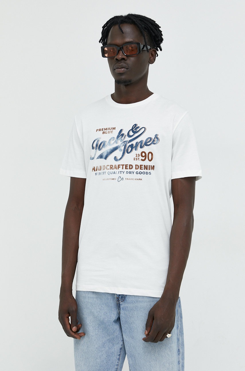 

Памучна тениска Jack & Jones в бяло с принт, Бял
