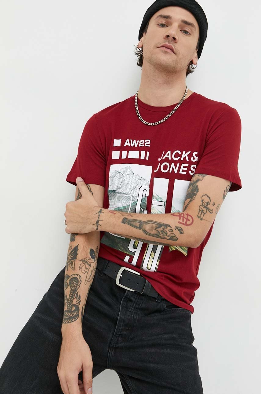 

Памучна Тениска Jack & Jones в бордо с принт