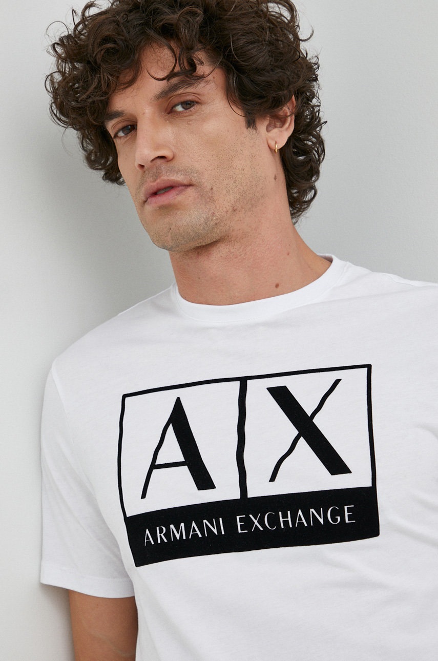 

Памучна тениска Armani Exchange в бяло с принт, Бял