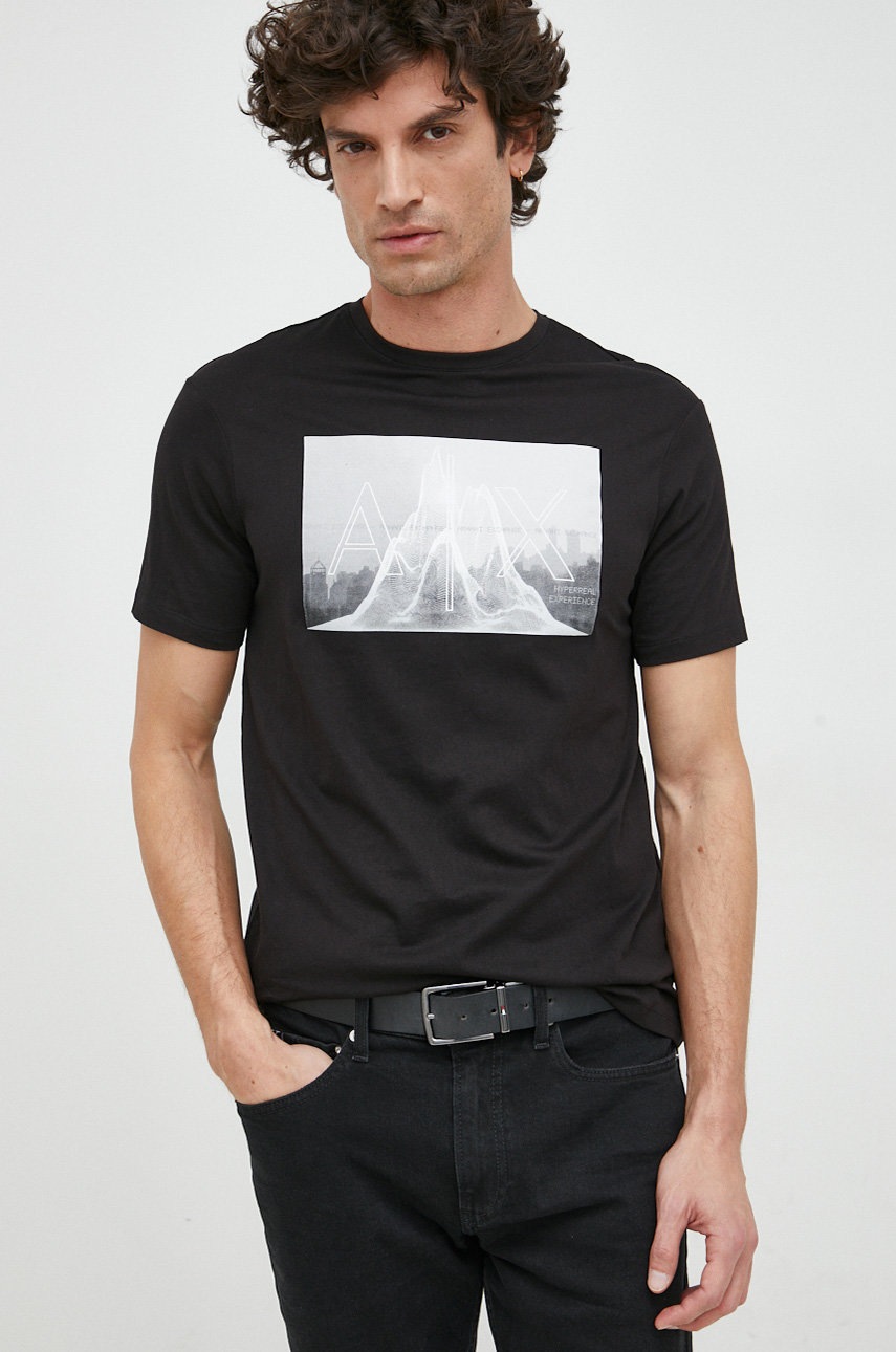 

Памучна тениска Armani Exchange в черно с принт, Черен