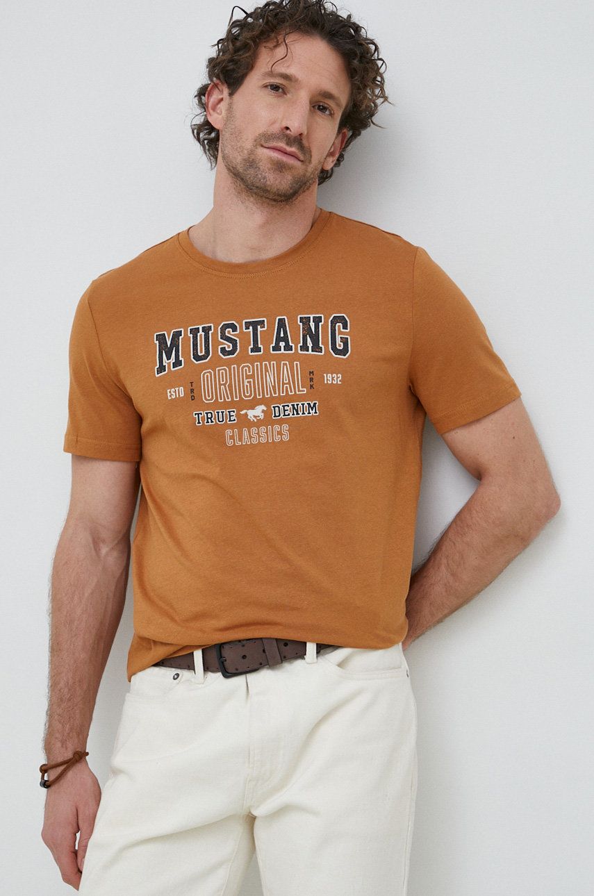 Mustang tricou din bumbac culoarea maro, cu imprimeu answear.ro imagine noua