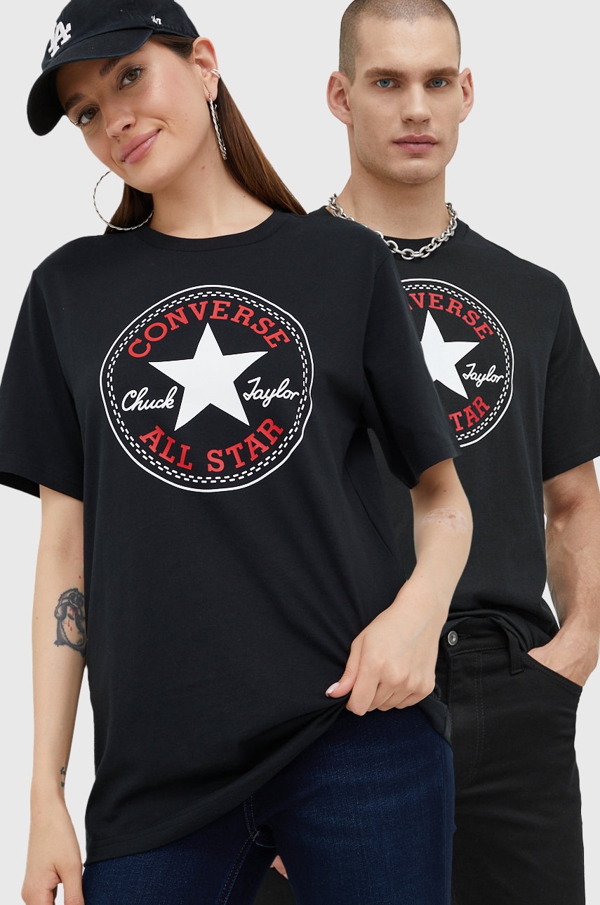 

Памучна тениска Converse в черно с принт, Черен