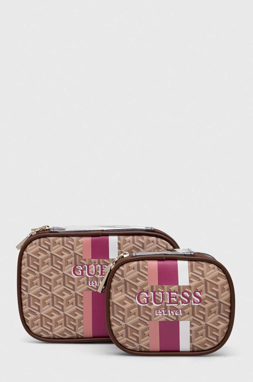 Kosmetická taška Guess 2-pack hnědá barva - hnědá -  Materiál č. 1: 100 % PU Materiál č. 2