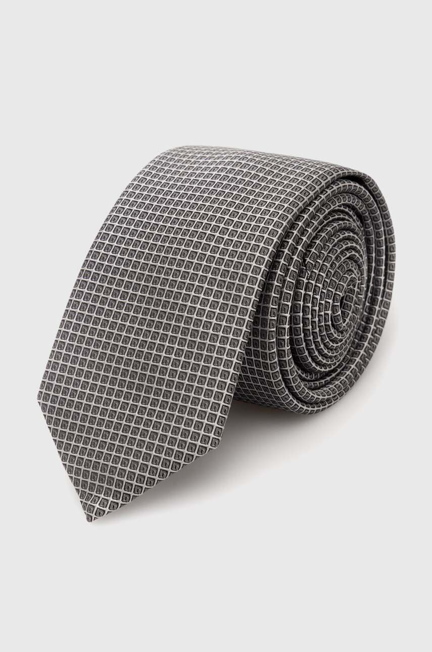 Kravata s příměsí hedvábí HUGO šedá barva - šedá -  51 % Hedvábí