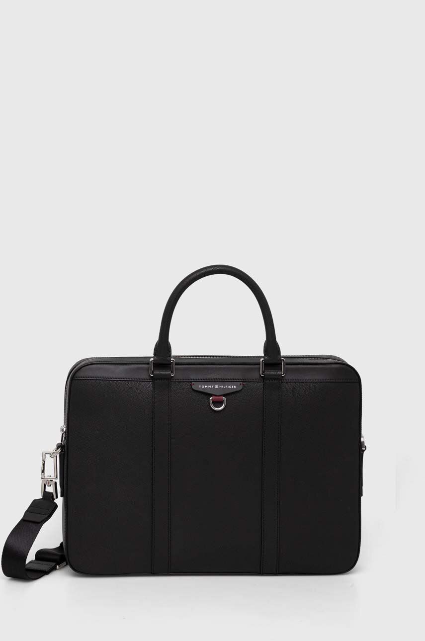 Kožená taška na notebook Tommy Hilfiger černá barva - černá - Přírodní kůže