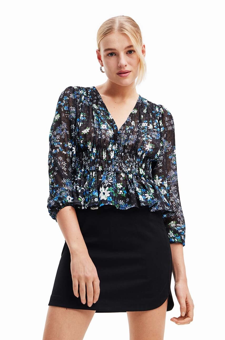 Desigual Bluza 23wwbw06 Woman Woven Blouse Long Sleeve Femei, Culoarea Albastru Marin, In Modele Florale