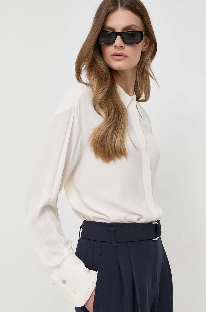 Košile BOSS dámská, béžová barva, relaxed, s klasickým límcem - béžová - Hlavní materiál: 64 % Acetá