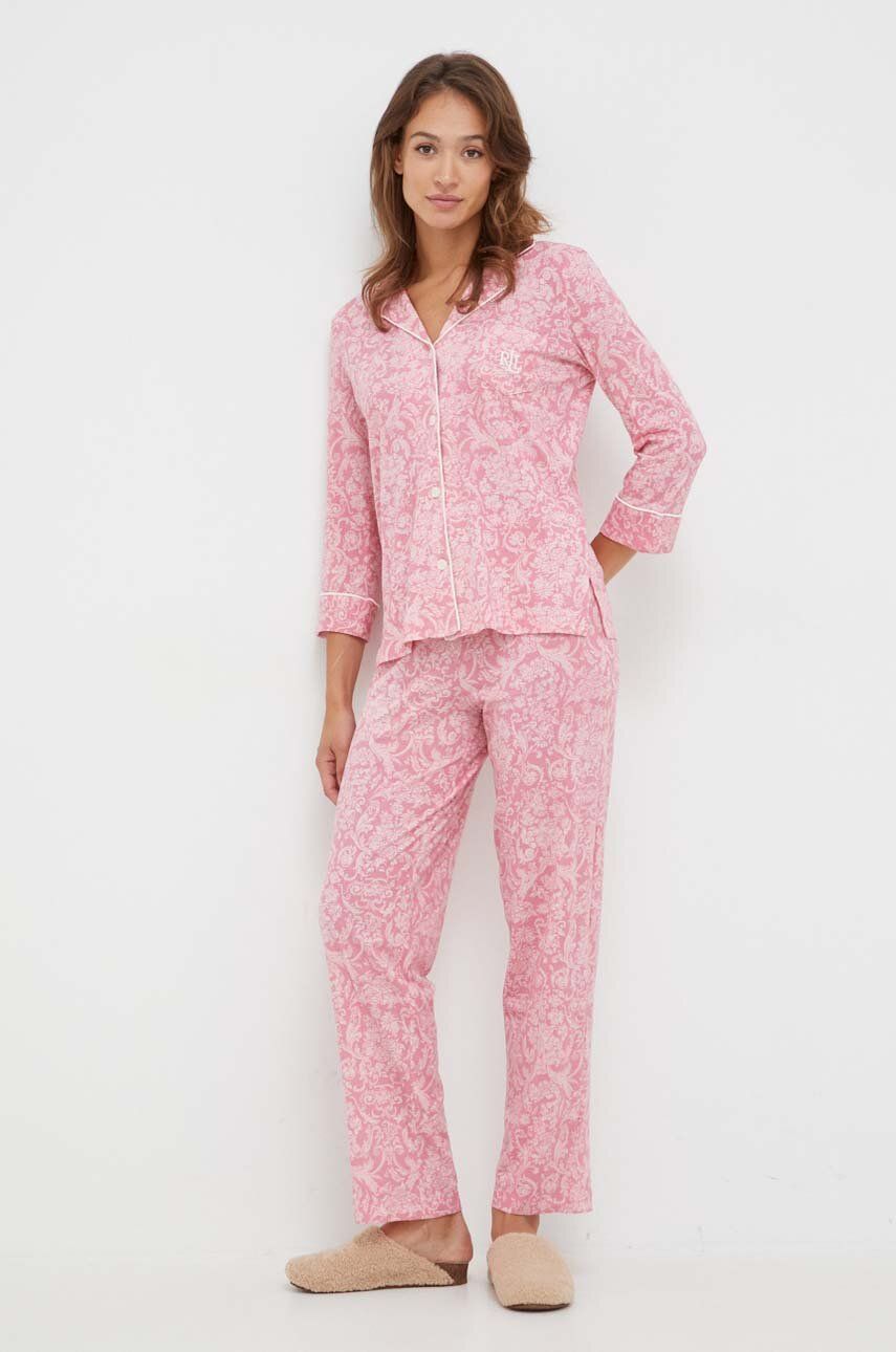 Pyžamo Lauren Ralph Lauren růžová barva - růžová - 60 % Bavlna