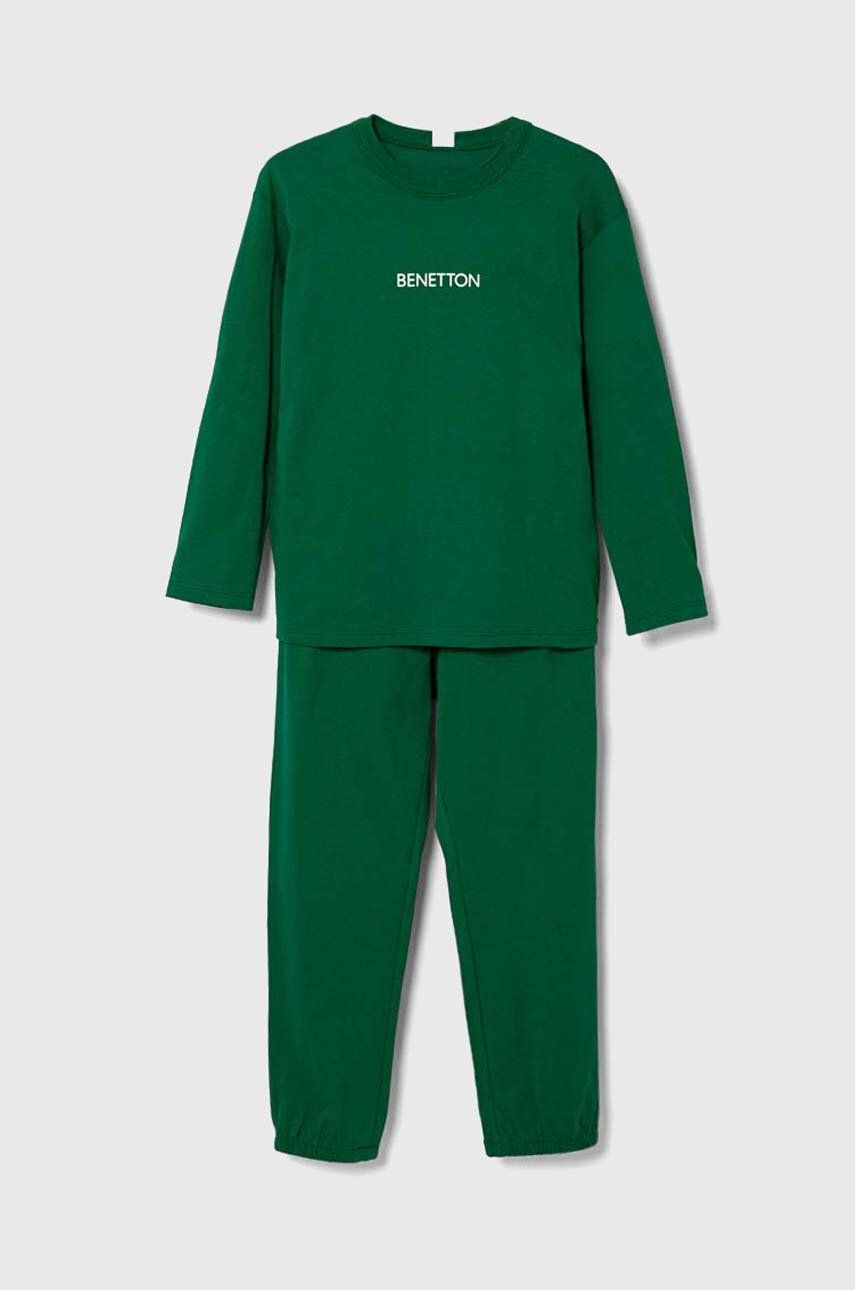 United Colors of Benetton pijamale de bumbac pentru copii culoarea verde, cu imprimeu