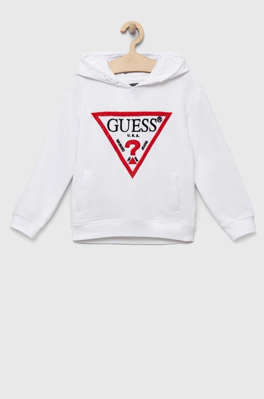 

Дитяча бавовняна кофта Guess колір білий з капюшоном з аплікацією
