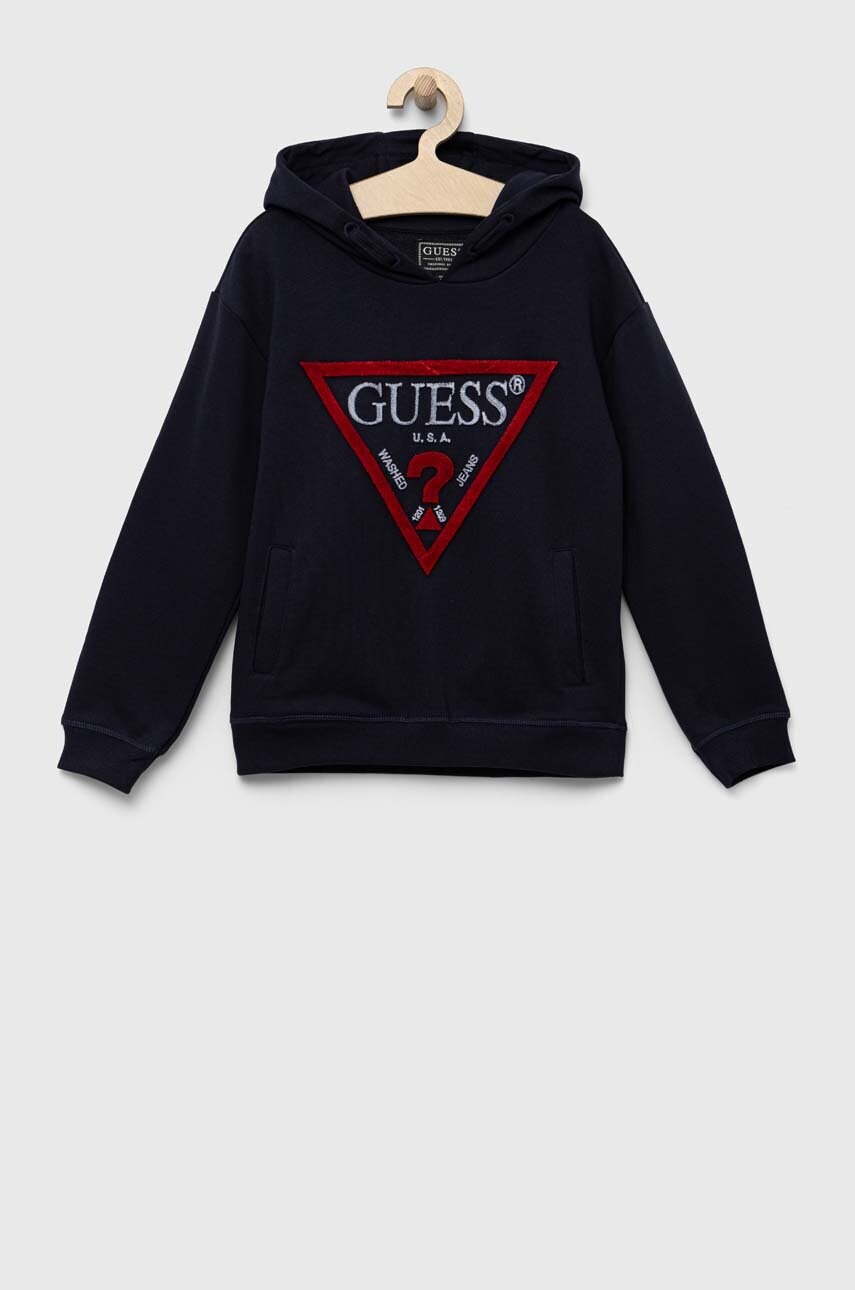 

Дитяча бавовняна кофта Guess колір синій з капюшоном з аплікацією