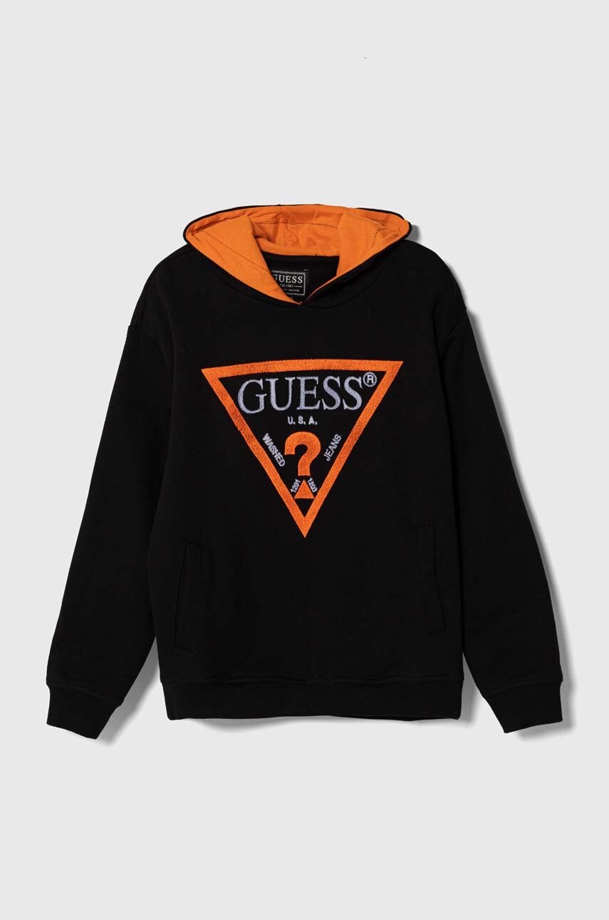 

Детски памучен суичър Guess в черно с качулка с апликация, Черен