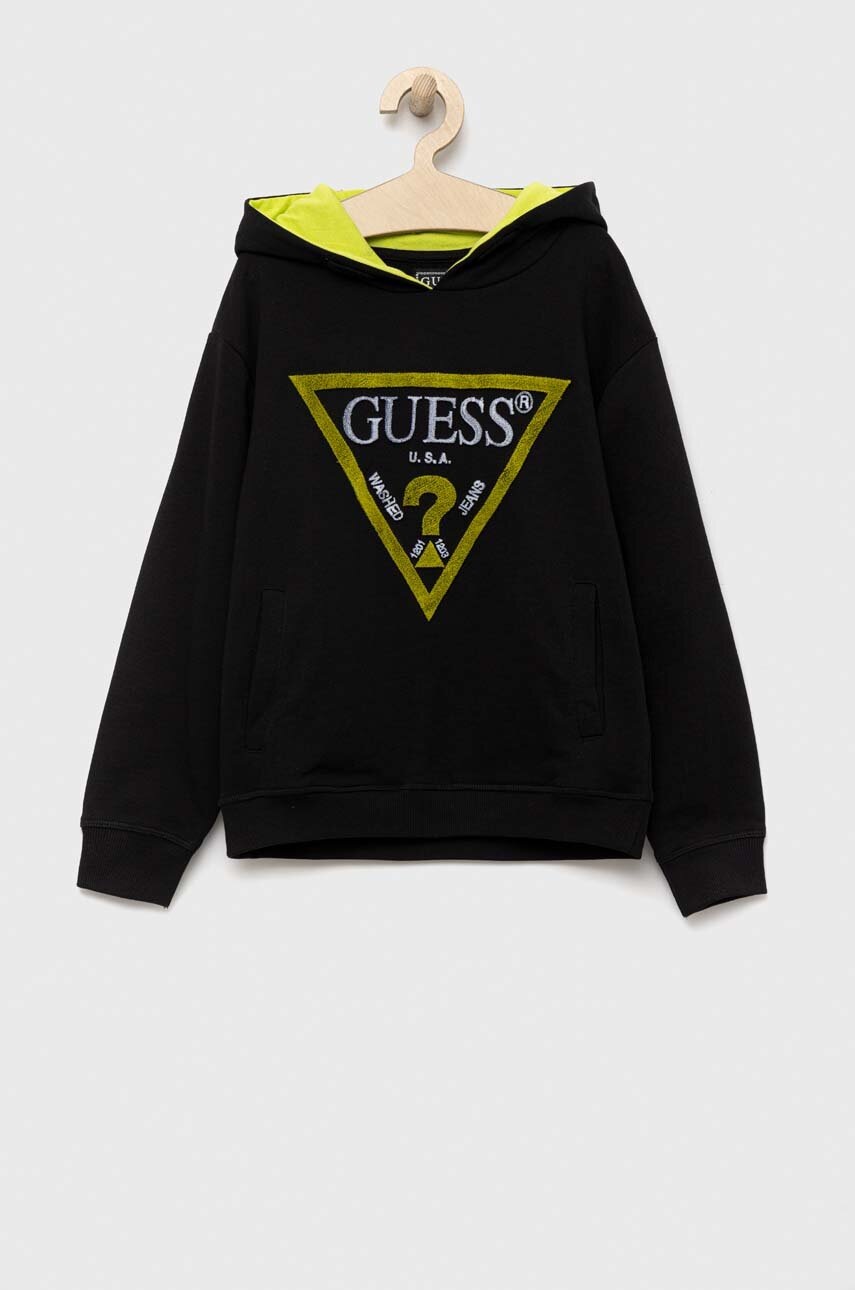 

Дитяча бавовняна кофта Guess колір чорний з капюшоном з аплікацією
