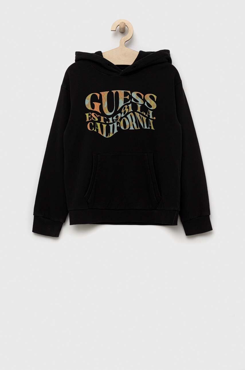 

Детская хлопковая кофта Guess цвет чёрный с капюшоном узор