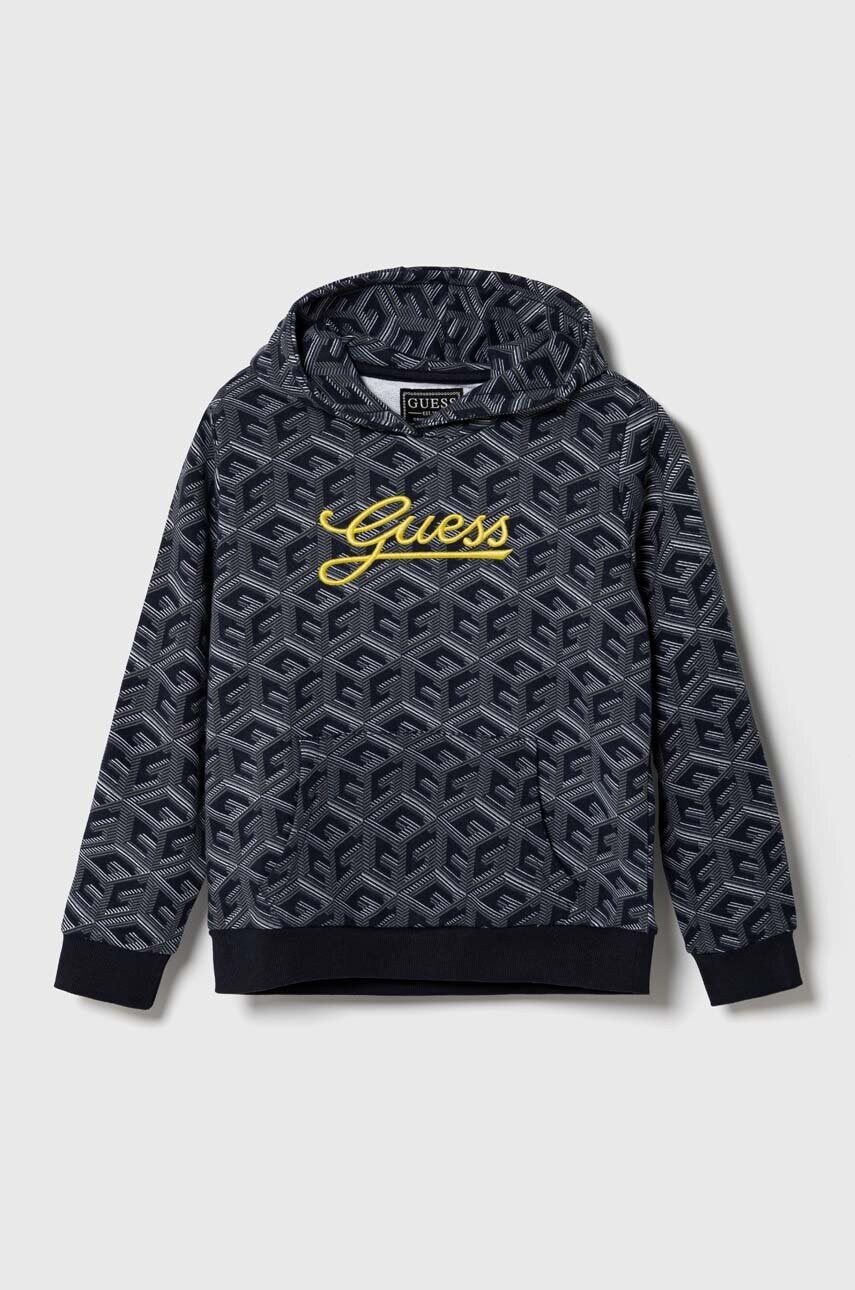 

Детская хлопковая кофта Guess цвет синий с капюшоном узор