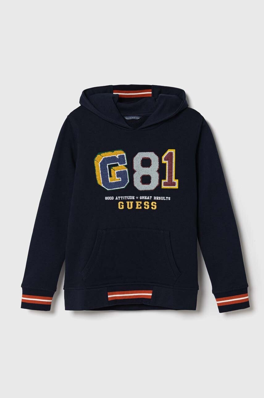 

Детская хлопковая кофта Guess цвет синий с капюшоном с аппликацией