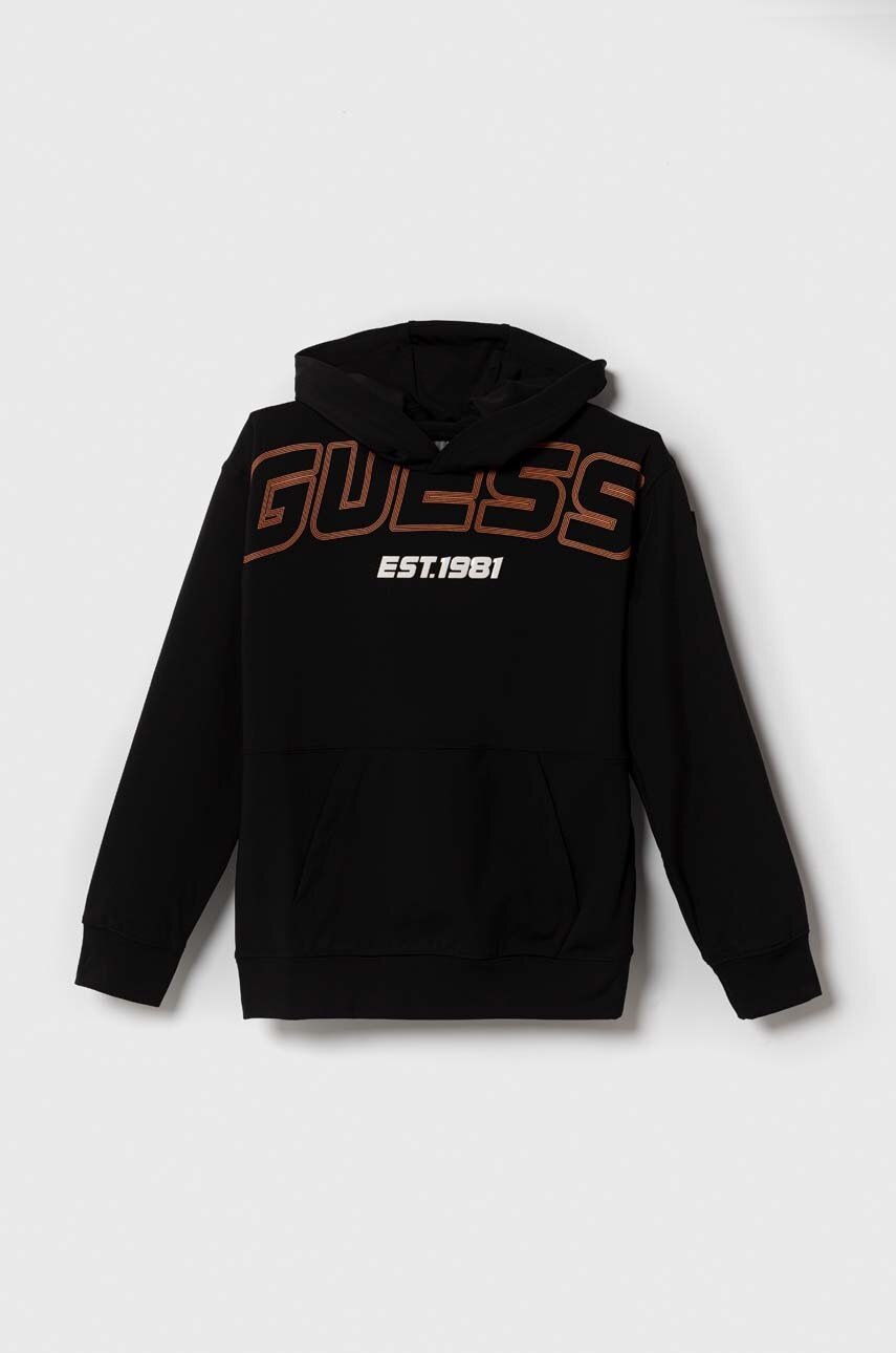 

Дитяча кофта Guess колір чорний з капюшоном з принтом