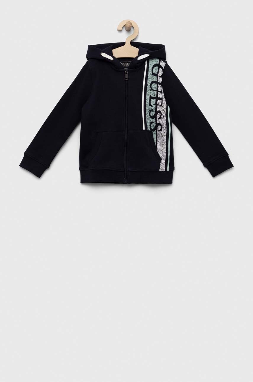 Детская хлопковая кофта Guess цвет синий с капюшоном с принтом Детская хлопковая кофта Guess цвет синий с капюшоном с принтом