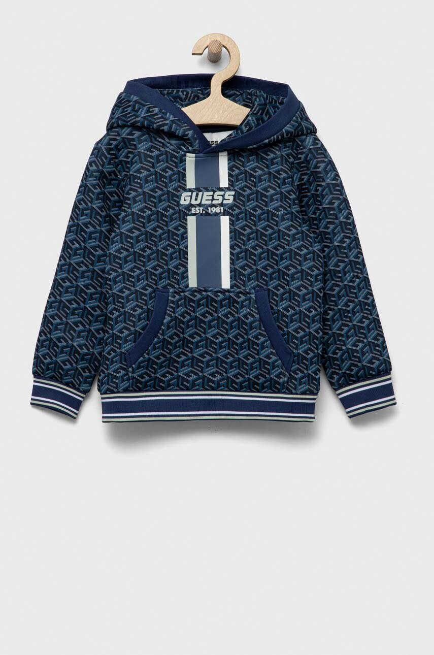 

Дитяча кофта Guess колір синій з капюшоном візерунок