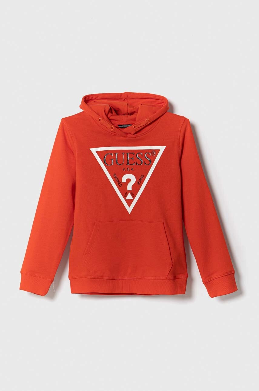 

Детская хлопковая кофта Guess цвет красный с капюшоном с принтом