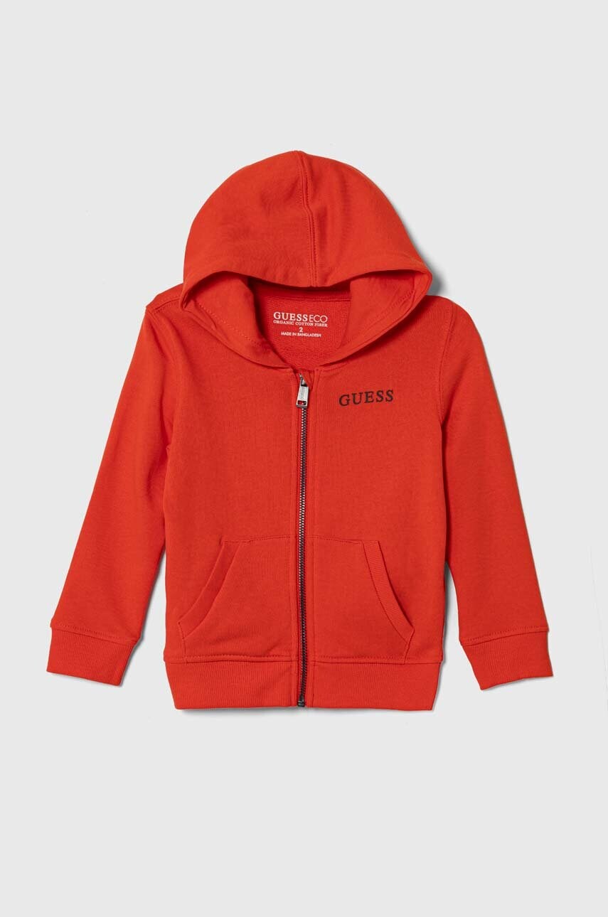 

Детская хлопковая кофта Guess цвет красный с капюшоном однотонная