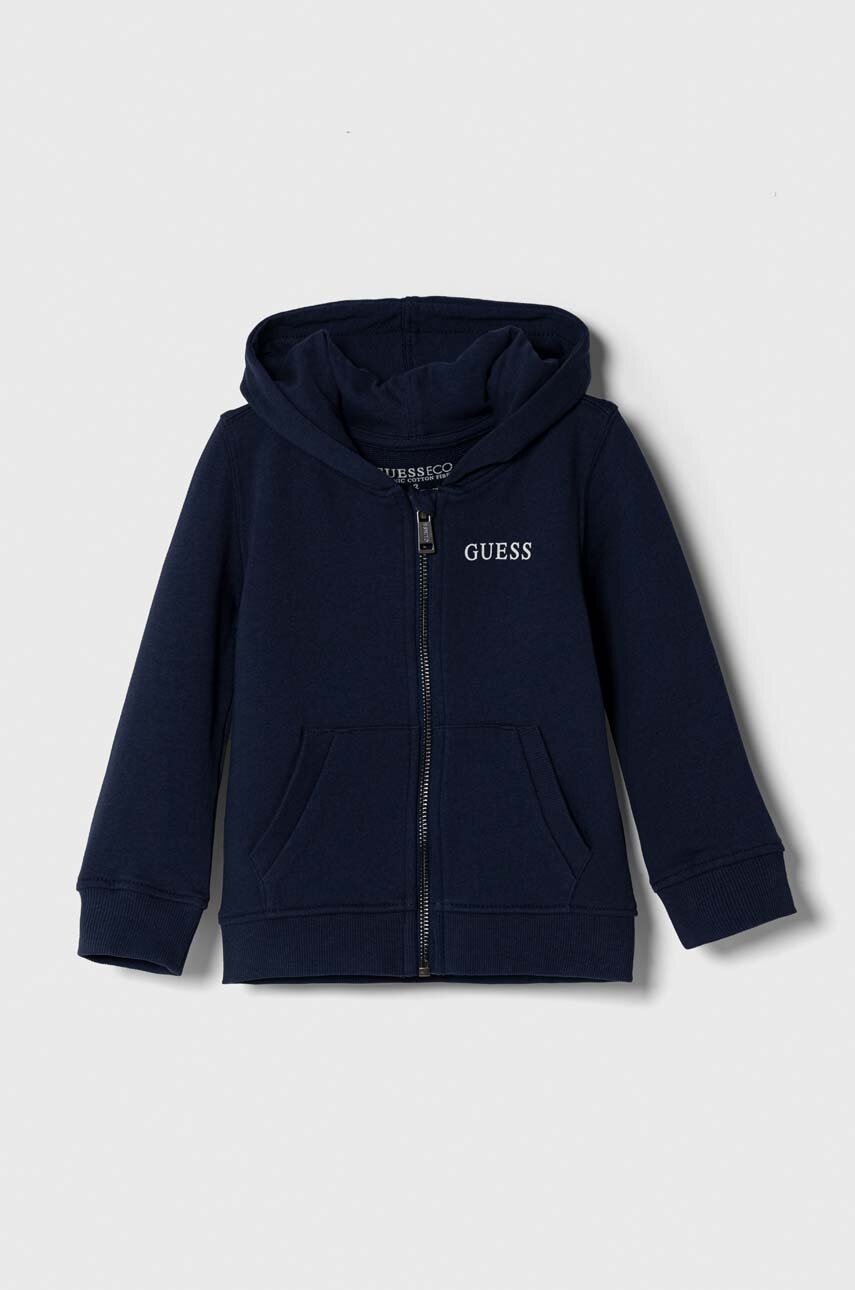 

Дитяча бавовняна кофта Guess колір синій з капюшоном однотонна