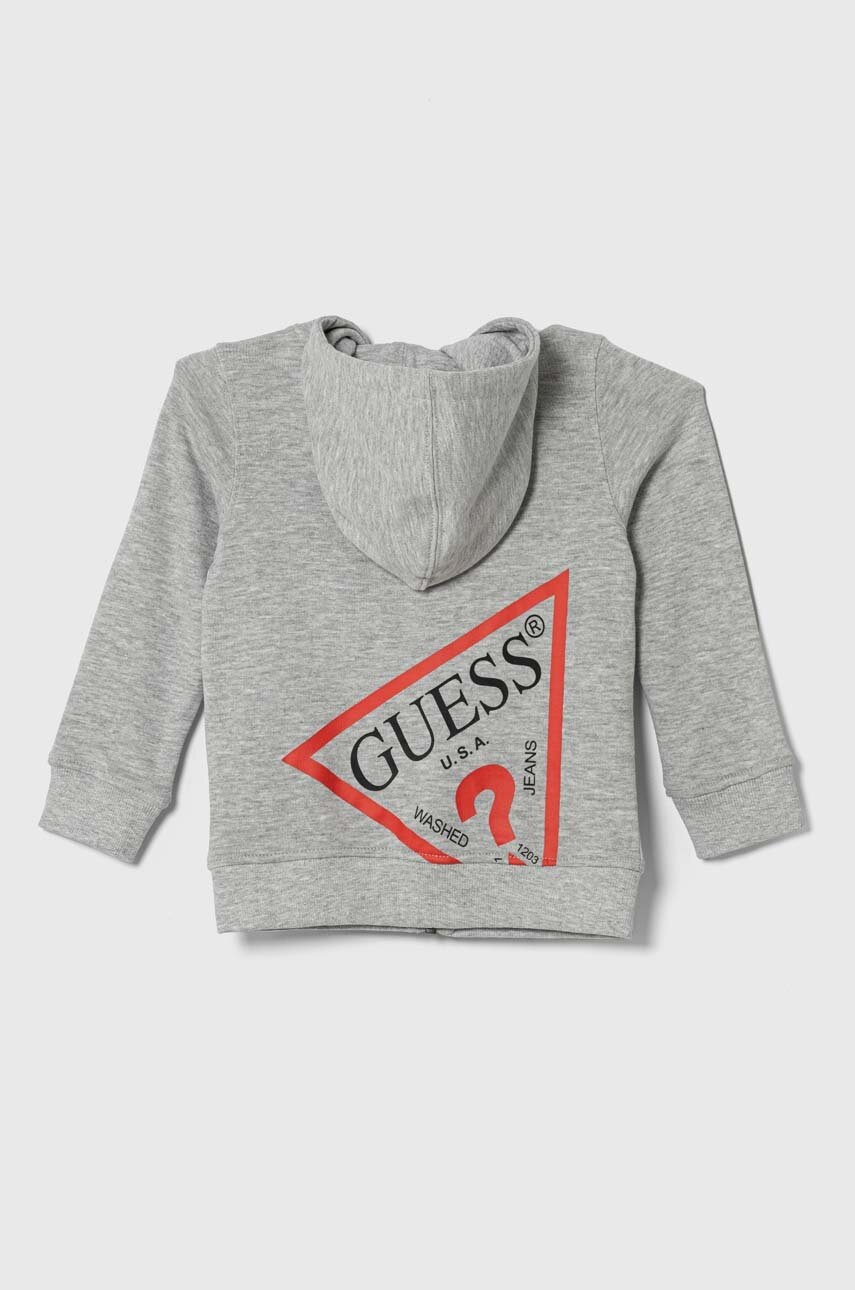 Детская хлопковая кофта Guess цвет серый с капюшоном однотонная Детская хлопковая кофта Guess цвет серый с капюшоном однотонная