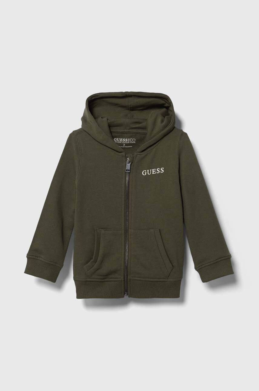 Детская хлопковая кофта Guess цвет зелёный с капюшоном однотонная Детская хлопковая кофта Guess цвет зелёный с капюшоном однотонная