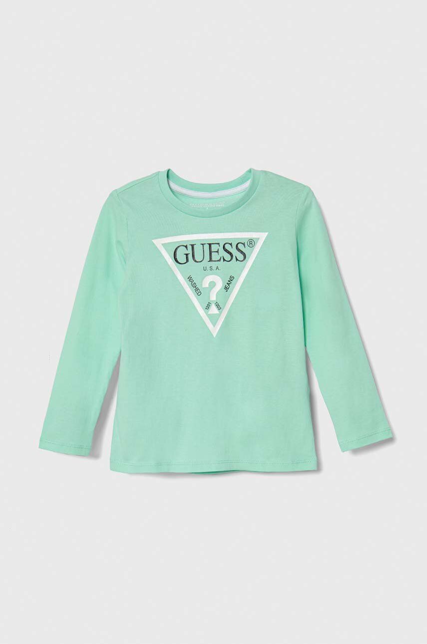 Dětská bavlněná košile s dlouhým rukávem Guess tyrkysová barva, s potiskem - tyrkysová -  100 %