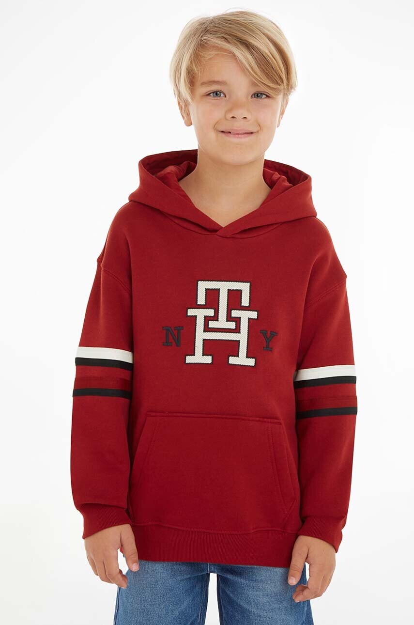 

Детски суичър Tommy Hilfiger в червено с качулка с апликация, Бордо