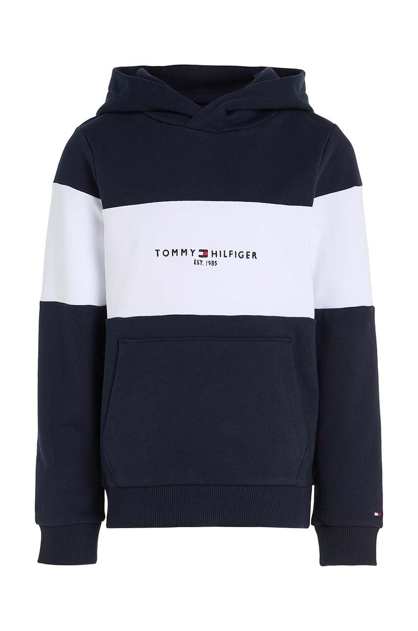 

Детски памучен суичър Tommy Hilfiger в тъмносиньо с качулка с десен, Тъмносин
